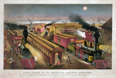 Éjszakai jelenet egy amerikai vasúti csomópontban, Currier & Ives alkotó: Currier and Ives