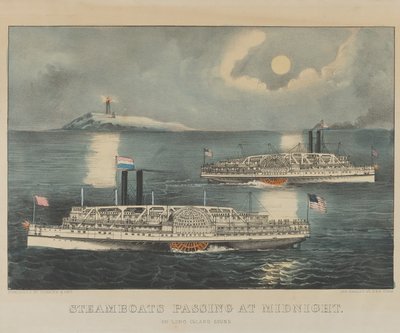 Éjfélkor elhaladó gőzhajók Long Island Soundon alkotó: Currier and Ives