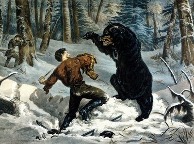 A csapdák élete (professzionális vadászok) Kanadában: Egy vadászt megtámad egy Grizzly Bear. Illusztráció: Yves és Currier. alkotó: Currier and Ives