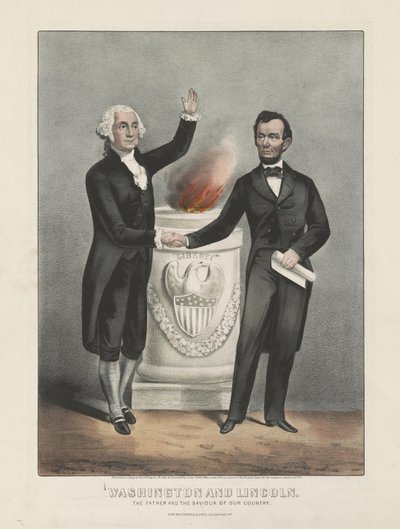 Washington és Lincoln. Hazánk atyja és megmentője, 1865 körül (színes litográfia) alkotó: Currier and Ives