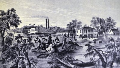 Currier & Ives illusztráció 19. század. Magas víz a Mississippiben alkotó: N. and Ives, J.M. Currier