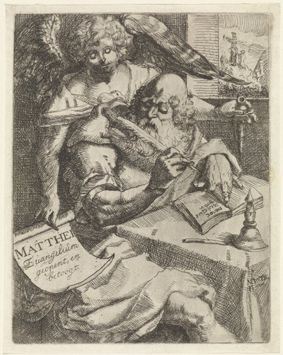 Máté evangélista Matthei Evangelium nyit, és vitatkozik (cím a tárgyon) Címlap ehhez: S. van Til, Het euangelium des H. Apostles Matthæi (...) rövid jegyzetekkel megnyitva, 1687 alkotó: N. van Til