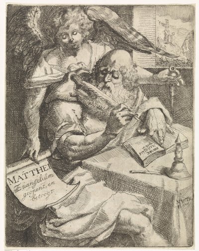 Máté evangélista Matthei Evangelium nyit, és vitatkozik (cím a tárgyon) Címlap ehhez: S. van Til, Het euangelium des H. Apostles Matthæi (...) rövid jegyzetekkel megnyitva, 1687 alkotó: N. van Til