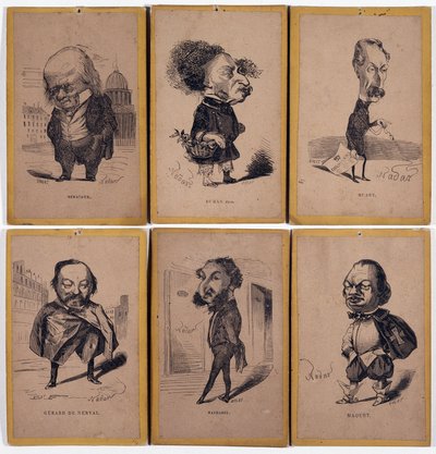 6 Charge Portrék: Pierre Jean de Beranger (1780-1857) francia dalszerző, Alexandre Dumas fils (1824-1895), Louis Adrien Huart (1813-1865) francia újságíró, író és színházi rendező, Gerard de Nerval (1808-1855), Charles Matharel de Fie francia író alkotó: Nadar