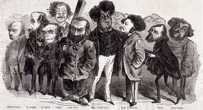 Paul de Kock (1793-1871), Emile Augier (1820-1889), Eugene Scribe (1791-1861), Felix Nadar, Alphonse Karr (1808-1890), Alexandre Dumas apja (1802-1870) és Alexandre Dumas írói portréi ifj. (1824-1895), Joseph Mery (1798-1866) és Leon Gozan (1803-1). alkotó: Nadar