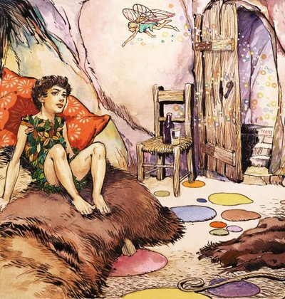 Pán Péter beszélget Csingilinggel, illusztráció J.M. Barrie "Pán Péter" című művéből (gouache, papír) alkotó: Nadir Quinto