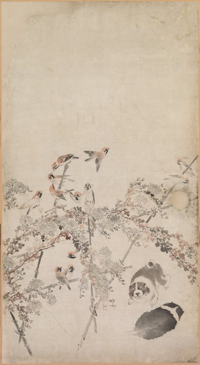 Kölyökkutyák, verebek és krizantémok, 1754-1799. alkotó: Nagasawa Rosetsu