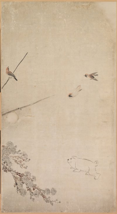 Kölyökkutyák, verebek és krizantémok, 1754-1799. alkotó: Nagasawa Rosetsu