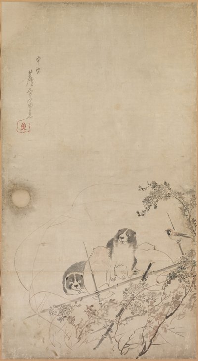 Kölyökkutyák, verebek és krizantémok, 1754-1799. alkotó: Nagasawa Rosetsu