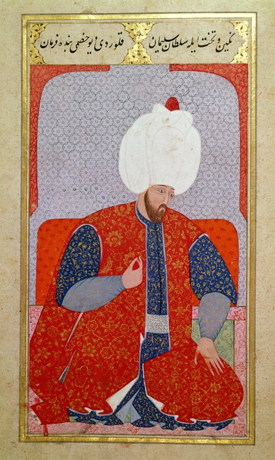 MS Hazine 1563 fol.47b I. Szulejmán (1495-1566) fiatal férfiként, Semailname, 1579 (tinta és aranylevél papíron) alkotó: Nakkaş Osman