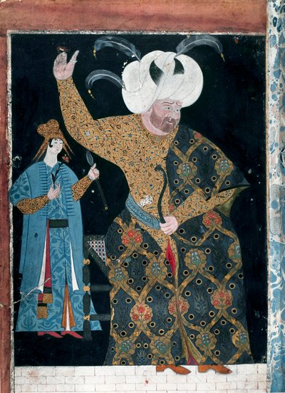 Oszmán Birodalom: „” II. Szelim szultán, a részeg vagy Sári, a Szőke portréja (1524-1574)”” Reis Haydar Nakkep dit Nigari (1494-1572) akvarell (TKS 2134, fol. 3 b) Isztambul, Topkapi Seray alkotó: Nakkep called Nigari Reis Haydar