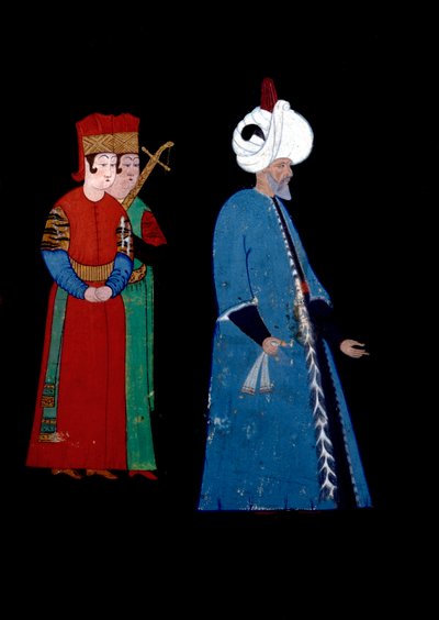 Szolimán (Sukeyman) I. Nagyszerű oszmán szultán (1494-1566) portréja, két fegyveres őr kíséretében. Miniatűr Haydar Reys Nigari (1462-1572) alkotó: Nakkep called Nigari Reis Haydar