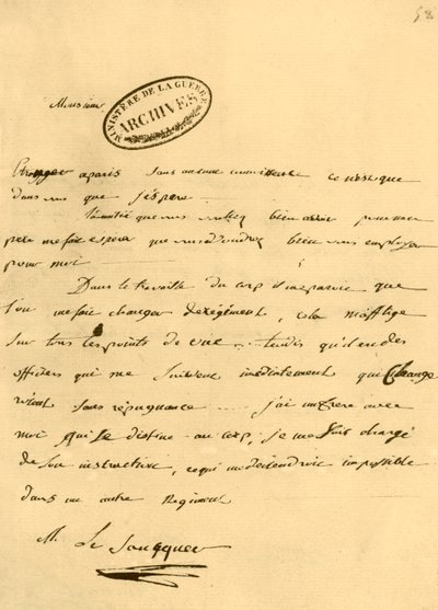 Napóleon levele Le Saucquer háborús hivatalnoknak, 1791. június 3., 1921. alkotó: Napoleon Bonaparte I