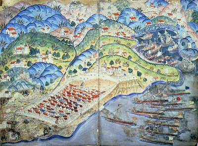 TSM H.1608 Nizza kilátása, a „Szulejmannévből” (Szulejmán élete) 1545 alkotó: Nasuh Al Silahi