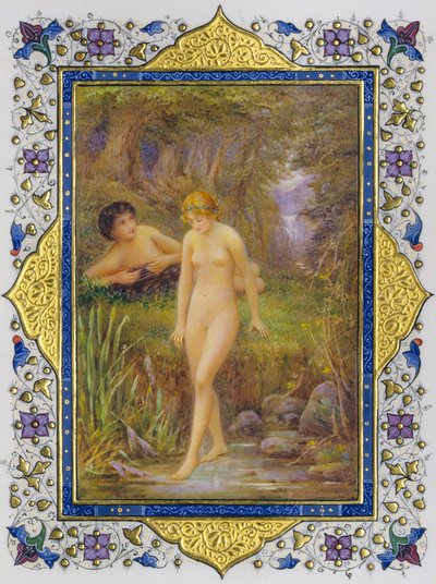 Illuminált oldal egy Shakespeare szonetteket tartalmazó könyvből, meztelen nővel, pásztori fanta... alkotó: Nathan Benn