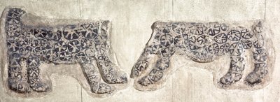 Leopárdokat ábrázoló neolitikus faldíszítés, amelyet a közép-anatóliai Catal Huyukban tártak fel. alkotó: Nathan Benn