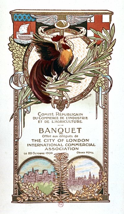 Kakas és emlékművek, a Republikánus Kereskedelmi, Ipari és Mezőgazdasági Bizottság bankett menüje 1906.11.22-én felajánlotta a City of London nemzetközi kereskedelmi egyesület küldötteinek alkotó: Nathan Weill