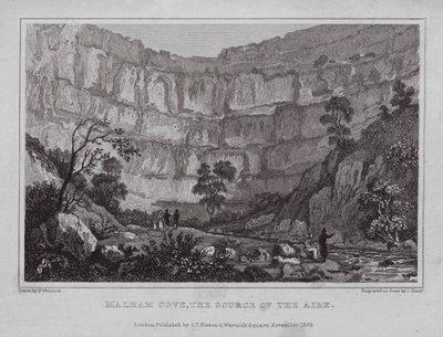 Malham Cove, az Aire forrása (metszet) alkotó: Nathaniel (after) Whittock