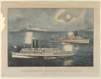 Éjfélkor elhaladó gőzhajók – Long Island Soundon, 1872–74., 1872–74. Alkotók: Nathaniel Currier, James Merritt Ives, Currier és Ives. alkotó: Currier and Ives