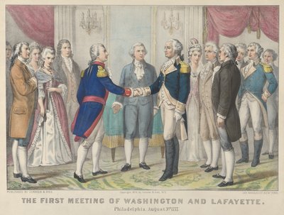 Washington és Lafayette első találkozása – Philadelphia, 1777. augusztus 3., 1876., 1876. Alkotók: Nathaniel Currier, James Merritt Ives, Currier és Ives. alkotó: Currier and Ives