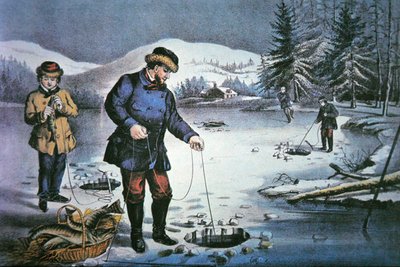 Amerikai úttörők élete: horgászat a jéglyukon keresztül alkotó: Nathaniel Currier