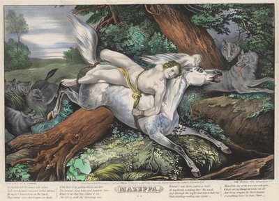 Mazeppa: Négy (4) tányérból álló készlet 2. tányérja (a farkasok üldözik) alkotó: Nathaniel Currier