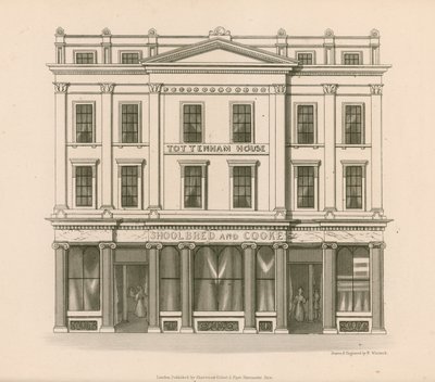 A Shoolbred and Cooke, Drapers, Tottenham Court Road, London üzlethelyiségének homlokzata. alkotó: Nathaniel Whittock