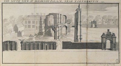 A Holdenby-ház és romjai déli nézete 1729-ben alkotó: Nathaniel and Samuel Buck