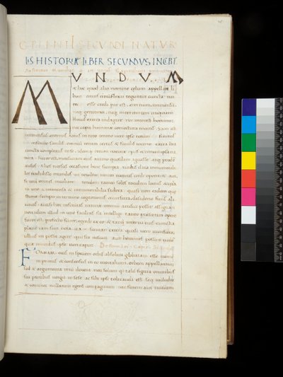 Ms 394,1. Idősebb Plinius, Historia naturalis, f.26r. A toll kezdőbetűje [M] a díszítő által üresen hagyott helyre, Nápoly, 15. század közepe, 1442 körül (pergamen) alkotó: Neapolitan School
