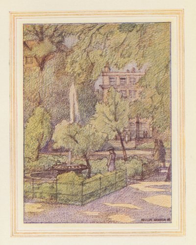 A templomkertben, a szökőkút udvarán (színes lithó) alkotó: Nelson Dawson