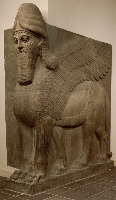 Emberfejű szárnyas oroszlán (lamassu), ie 883-859 körül (gipsalabástrom) alkotó: Neo Assyrian