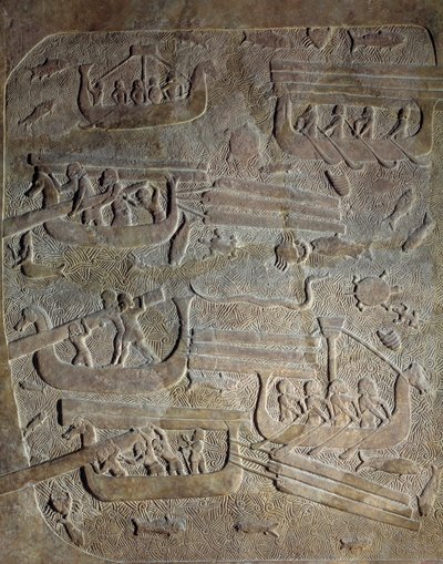 Mezopotámia az újasszír korban (Kr. e. 1000-612 körül): „” Tengerészeti expedíció, faszállítás Libanonból a föníciai partok mentén, csónakok berakodása””” Kr. e. 8. század. Khorsabad (Khunsabad) Párizsból, Musee du Louvre alkotó: Neo Assyrian Neo Assyrian