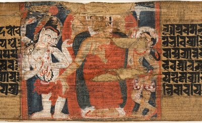 Folio 126b Buddhas Descent from the Heaven, from the Astasahasrika Prajnaparamita (tinta és színek pálmaleveleken és fán) (430762 részlet) alkotó: Nepalese School