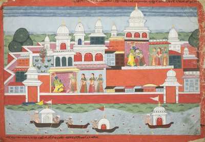 Rukmini engedélyt kér Krsnának, hogy meglátogassa Rukma testvérét, a Bhagavata Purana kéziratának oldala, 1775 körül alkotó: Nepalese School