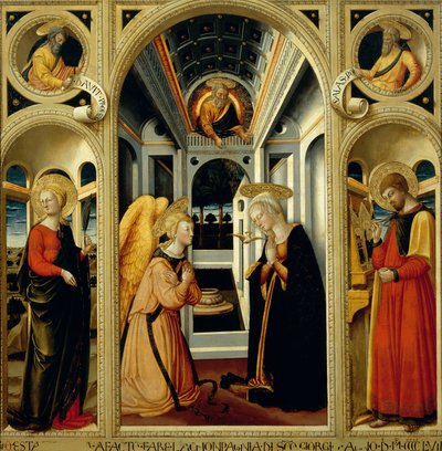 Angyali üdvözlet Szent Apollóniáról, Szent Lukácsról, valamint Dávid és Ésaiás prófétáról, Neri di Bicci (1418-1492) alkotó: Neri di Bicci