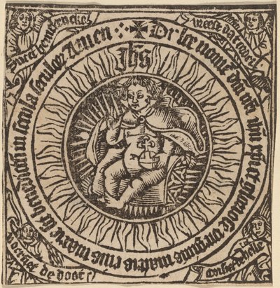Isteni csecsemő a földgömbbel egy körben négy angyallal alkotó: Netherlandish 15th Century