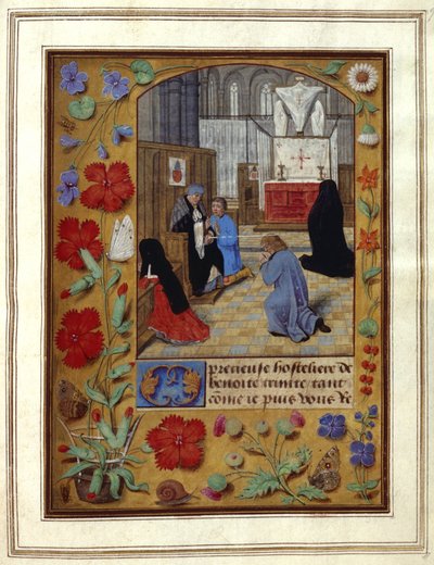Hozzáadás. 25698, f.9 Böjt és imádság a templomban, illusztráció egy „Órakönyv”-ből, 1492 körül (tinta és színes pergamen) alkotó: Netherlandish School