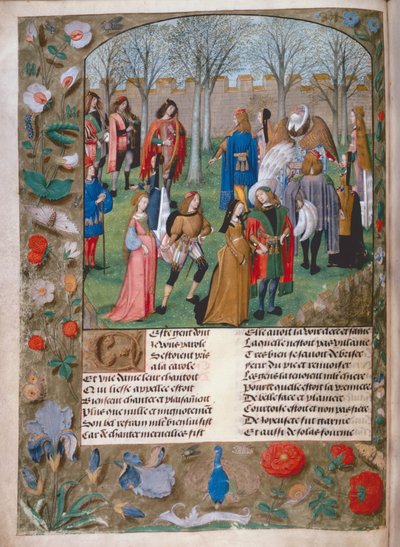 Harl 4425 f.14v The Carolle in the Garden, a "Roman de la Rose"-ból, Bruges, 1490-1500 körül (vellum) alkotó: Netherlandish School