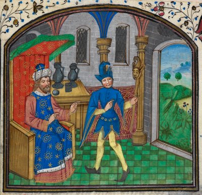 Harley 3000, f.189 Bolond a gazdájával, a Mildmay Master Órakönyvéből, 1460-70 körül (vellum) alkotó: Netherlandish School
