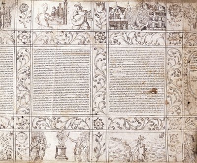Világító kézirat szefárd írással, holland élet jeleneteit és a Bibliát bemutató virágkartusokkal, XVII. alkotó: Netherlandish School