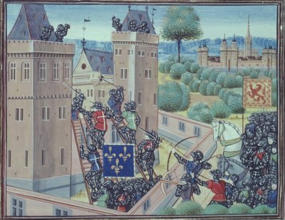Royal 18 E.1 fol.345 Wark kastély elfoglalása a franciák és skótok által, Jean Froissart (kb. 1333-1404) „Chroniques de France et d