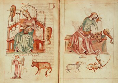 Sloane MS 3983 fol.42v-43 Vénusz hangszeren játszik uralkodó jegyeivel és kárára, a 