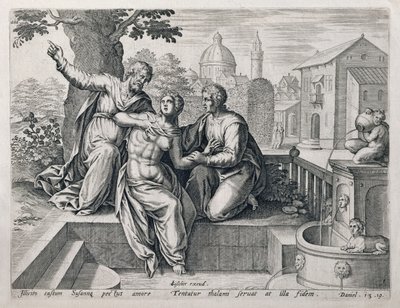 Susanna and the Elders, a Biblia jeleneteit illusztráló sorozatból, kocsma. szerző: Claes Jansz Visscher (1550 körül - 1612 körül) 1590 körül alkotó: Netherlandish School