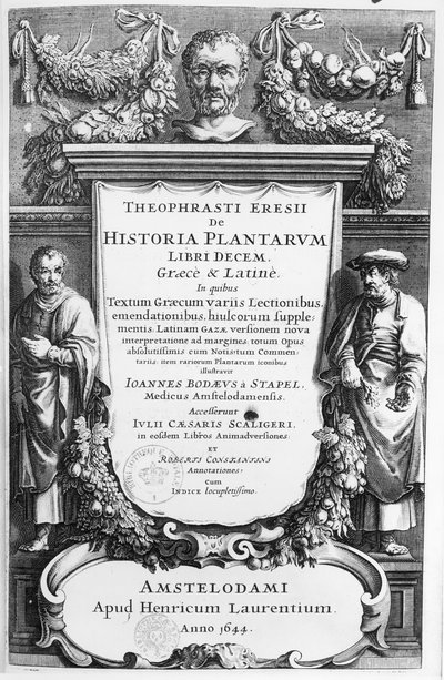 Theophrasztosz (i.e. 372-kb.287) 1644-ben Amszterdamban kiadott Historia Plantarum Libri Ten címlapja alkotó: Netherlandish School