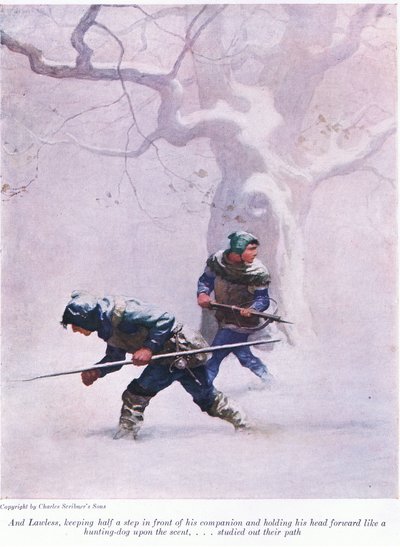 És Lawless, aki fél lépést tart társa előtt, és fejét előretartja, mint egy vadászkutya az illatra - tanulmányozta az útját, 1916 alkotó: Newell Convers Wyeth