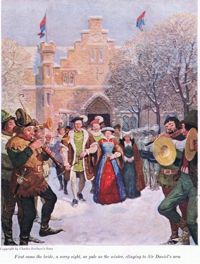 Először a menyasszony jött, sajnálatos látvány, sápadt, mint a tél, Sir Daniels karjába kapaszkodva, 1916 alkotó: Newell Convers Wyeth
