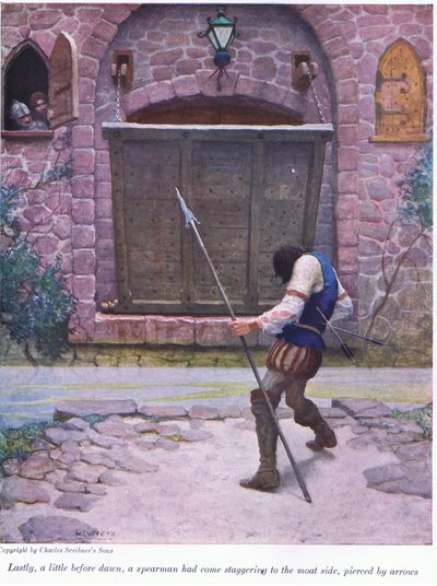 Végül valamivel hajnal előtt egy lándzsás tántorogva érkezett a várárok oldalához, nyilakkal átütve, 1916 alkotó: Newell Convers Wyeth
