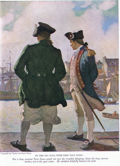 A tengerfalon John Paul Jonesszal: John Paul egy hosszú pillanatig nézte a hajózást a kikötő mentén a nyílt vízre, 1928 alkotó: Newell Convers Wyeth