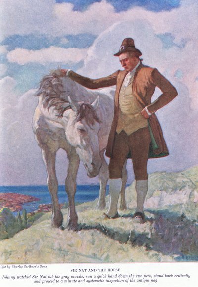 Sir Nat és a ló: Johnny nézte, ahogy Sir Nat dörzsöli a szürke szájkosarat; állj hátrébb, és folytasd a percnyi szisztematikus ellenőrzést, 1928 alkotó: Newell Convers Wyeth