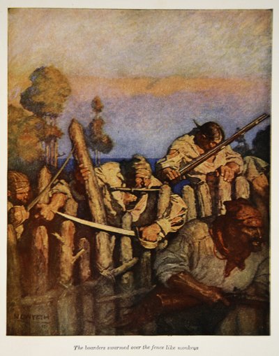 A lakók úgy nyüzsögtek a kerítésen, mint a majmok, illusztráció Robert Louis Stevenson "Kincses sziget" című művéből, kiadó: Charles Scribner